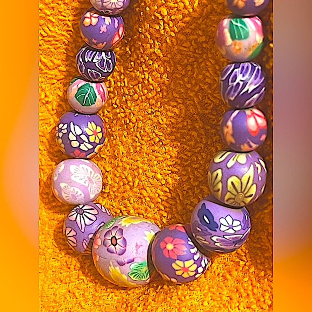 Purple beaded necklace polymer clay stretch fits overhead ornate detail lavender